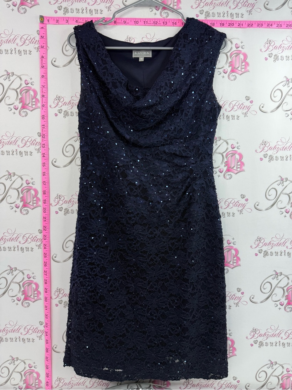Laura dress sequins sparkly blue Navy Lace Sequin Midi Dress Lacie Cowl Neck